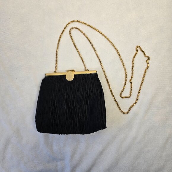 Vintage La Regale LTD Black Crinkled Satin Evening Bag with Gold Chain - Picture 2 of 7